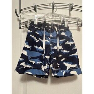 Hanna Andersson Shark Print Swim Shorts Sz 2 / 80 cm Blue White Trunks toddler